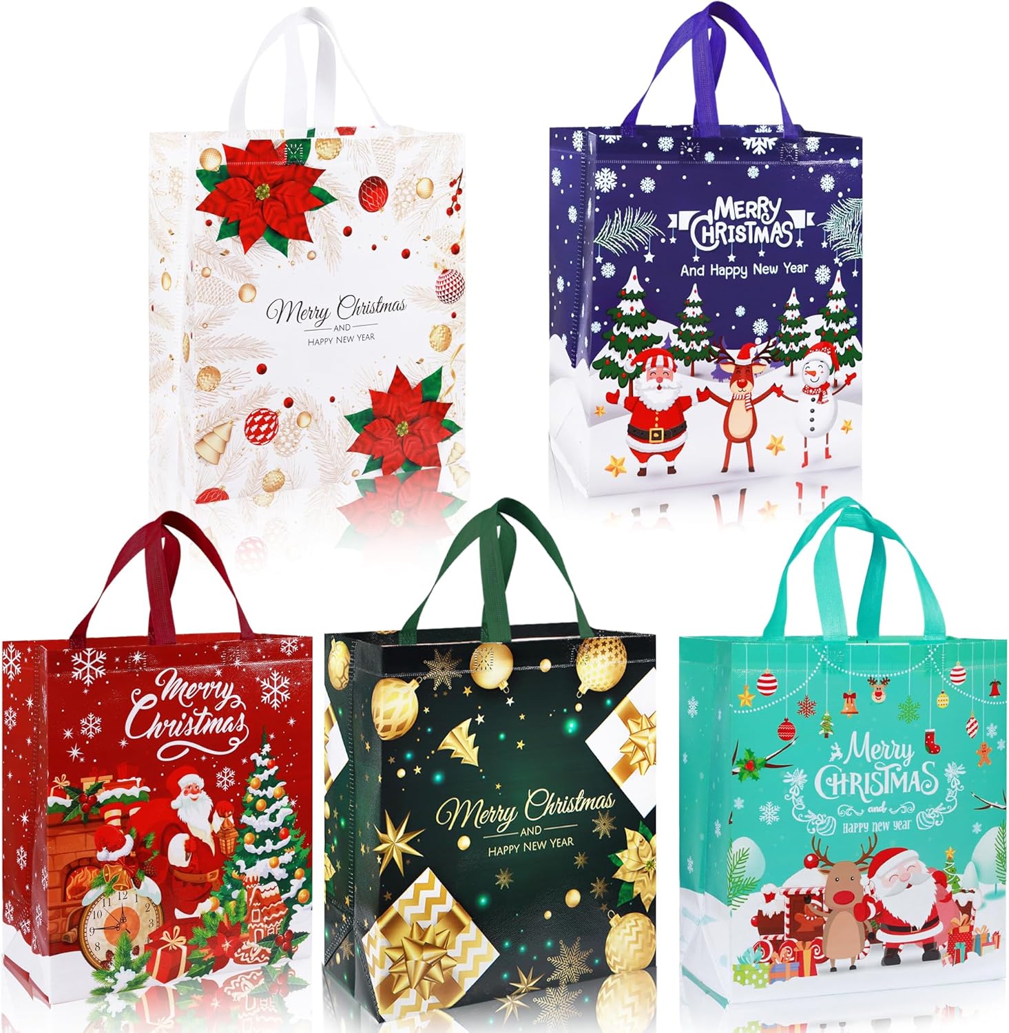 RFWIN Large Gift Christmas Bags Reusable Tote Bags, 5pcs Xmas Gift Bags with Han...