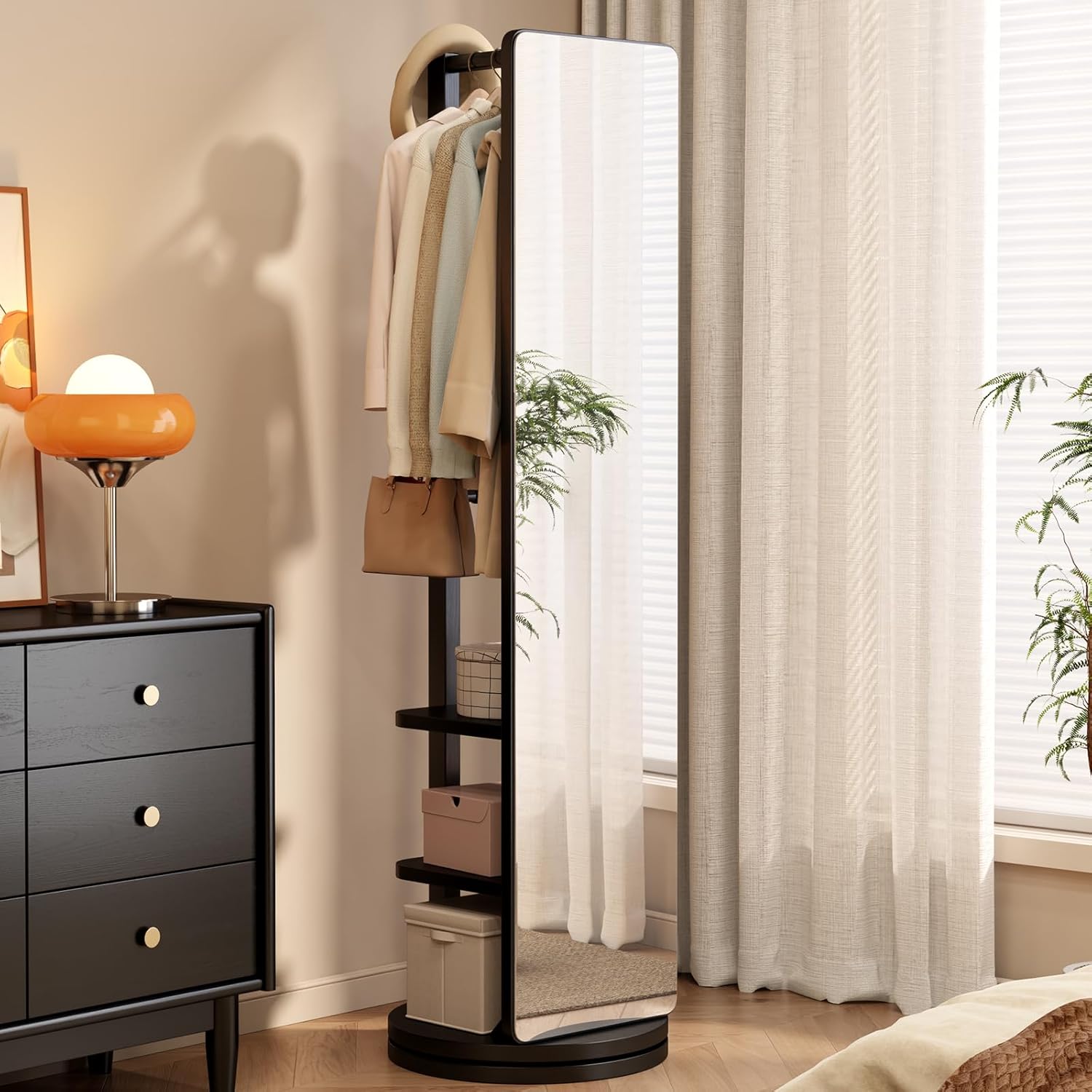 Full Length Mirror,Full Body Mirror Solid Wood Floor Mirror with Coat Rack 66"x1...
