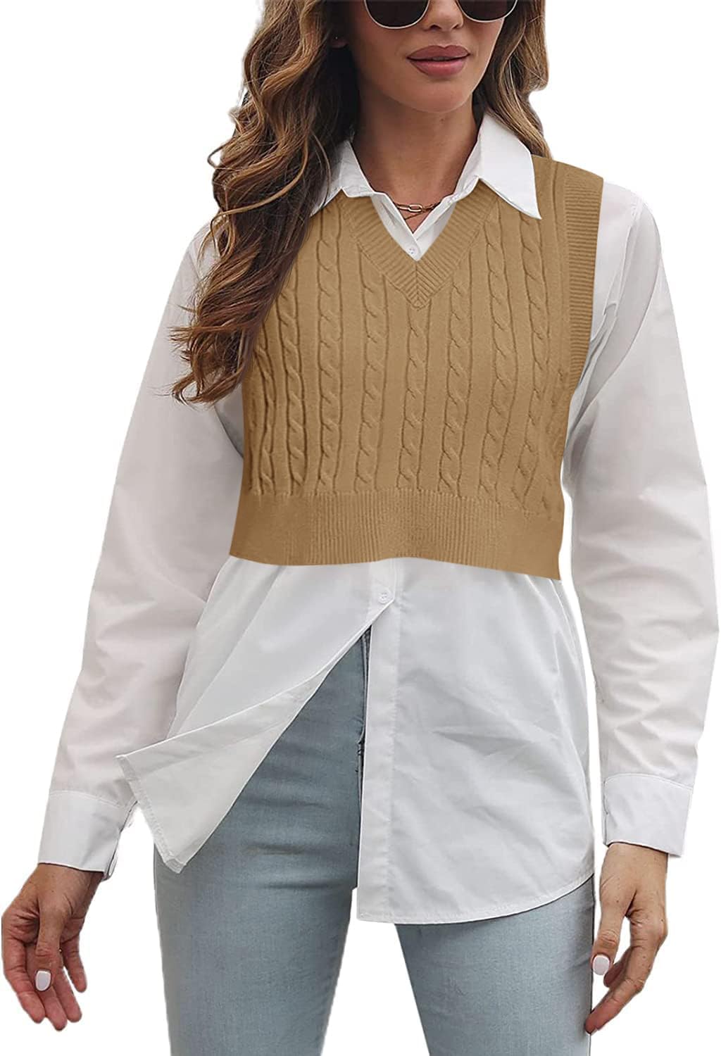 Lailezou Women's V-Neck Knit Sweater Vest Solid Color Argyle Plaid Preppy Style...