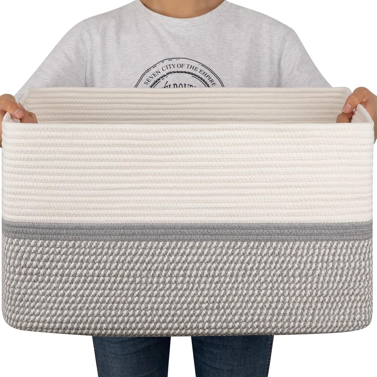 OIAHOMY Extr Large Toy Storage Basket, Rectangle Cotton Rope Storage Basket, Bla...