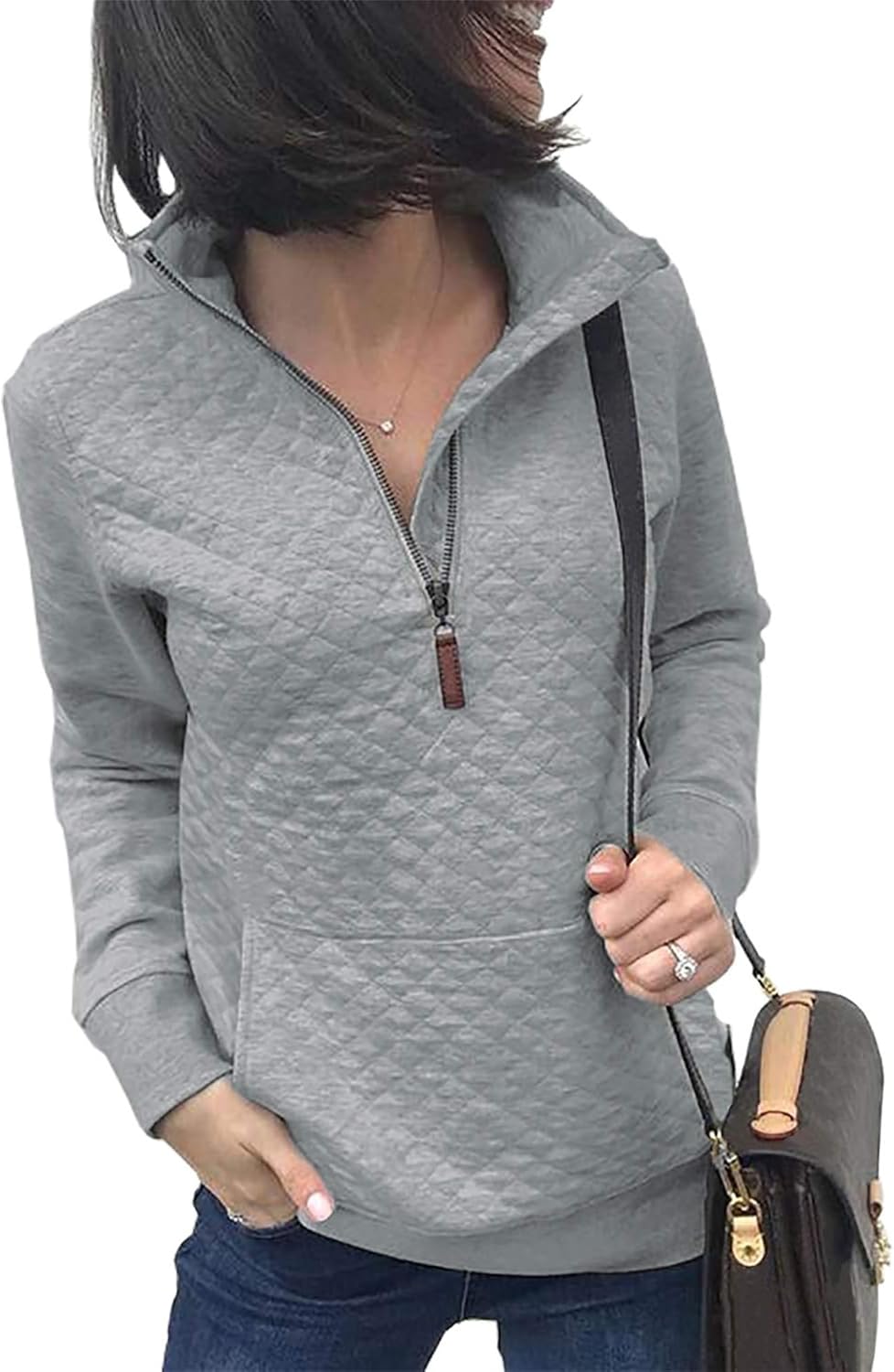 BTFBM Women Fashion Quilted Pattern Lightweight Zipper Long Sleeve Plain Casual...