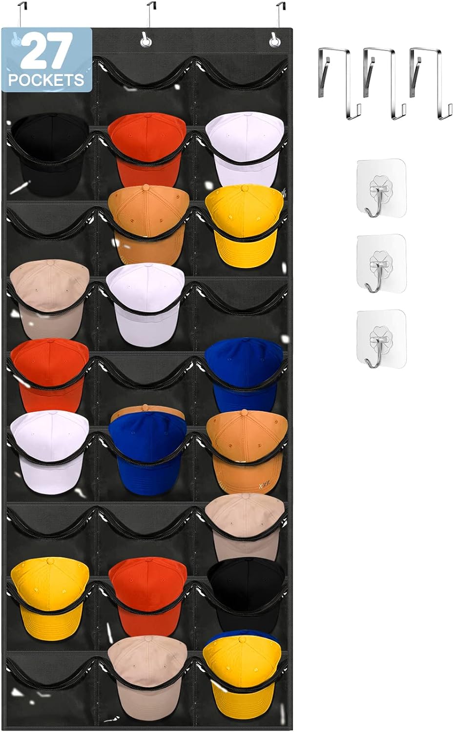 Owkjar 27 Large Pockets Hat Organizer for Baseball Caps,Hat Rack with 6 Hooks Ov...