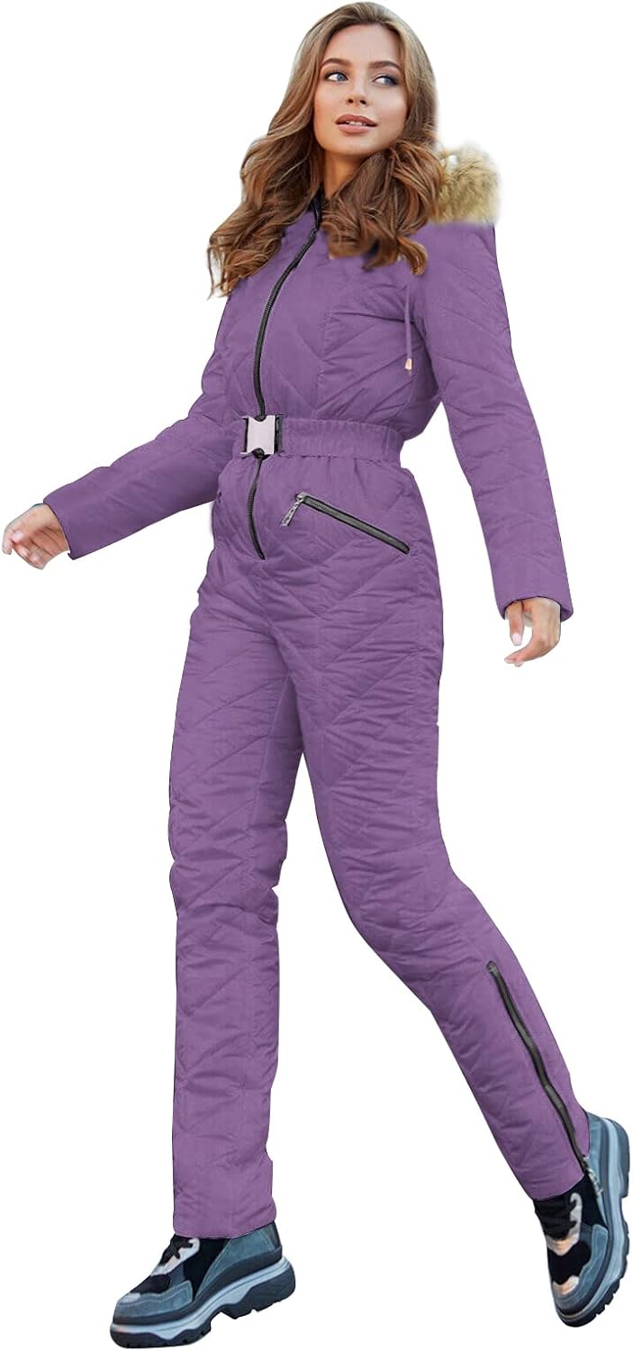 Yousify Womens Winter Ski Suit One Piece Hooded Fur Collar Ski Jumpsuit Snowsuit...