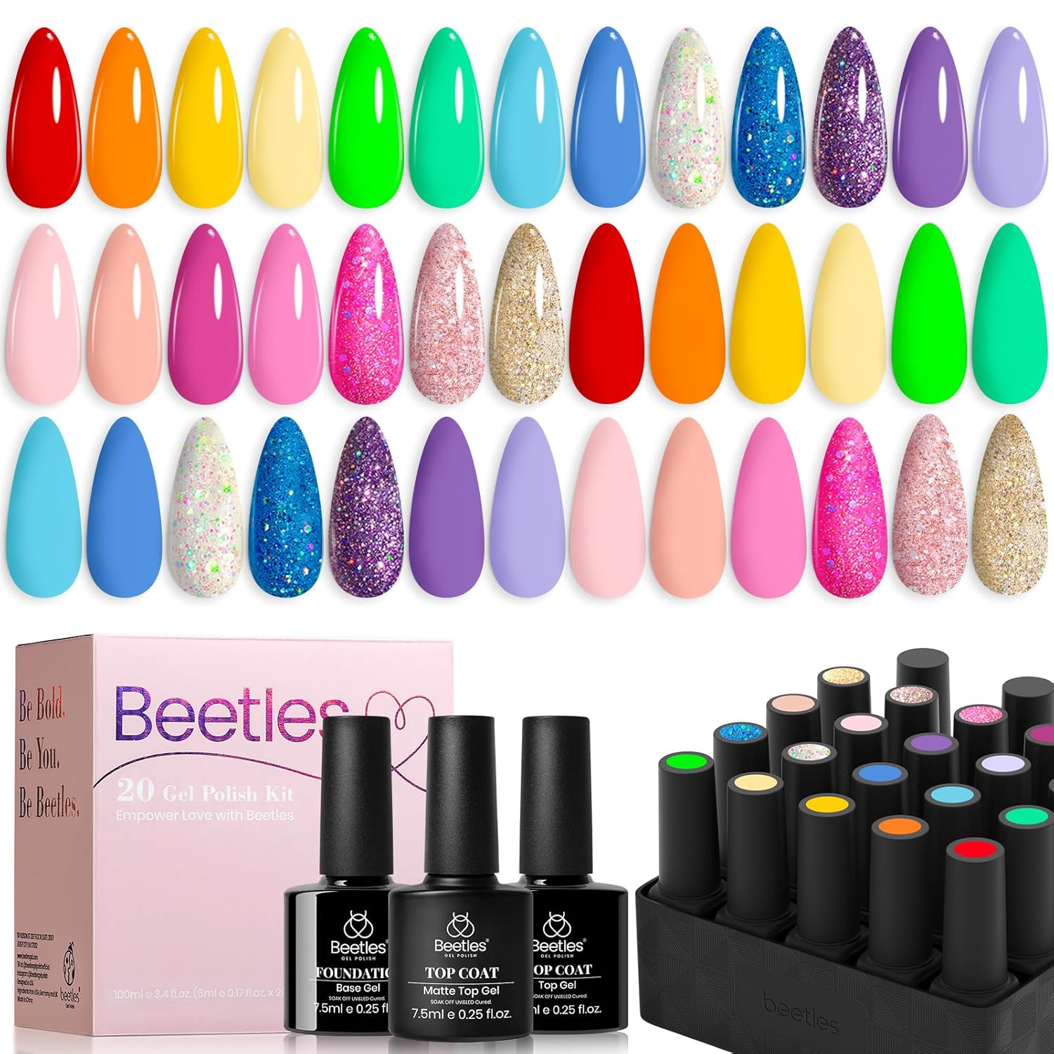 beetles Gel Polish Nail Set 23 Pcs 20 Colors Rainbow Summer Collection Green Pin...