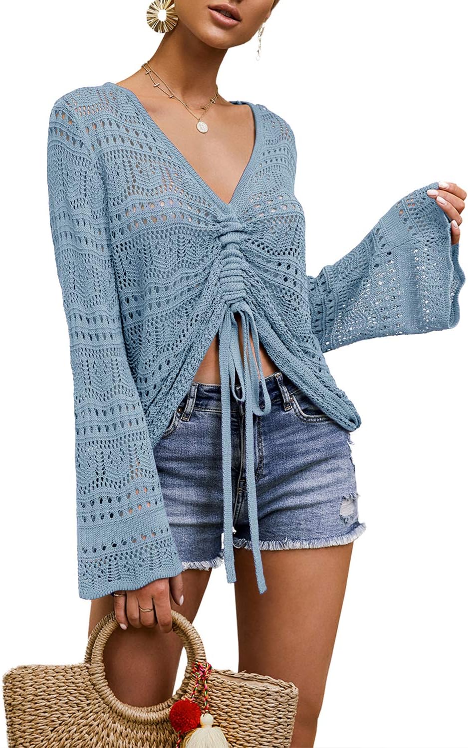 FERBIA Women Crochet Top Beach Cloth Drawstring Shirt Cover Up Oversized Sexy Be...