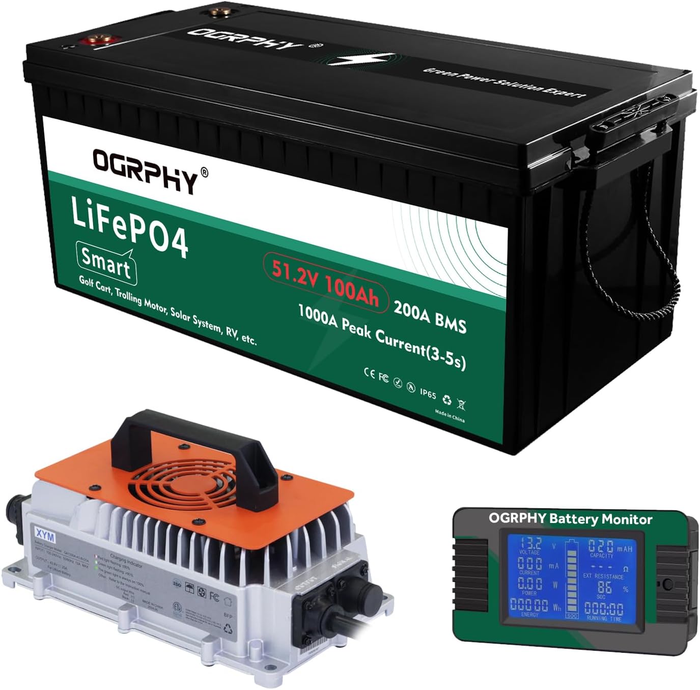 48V Lithium Battery, 48V Battery with Onboard 18A LiFePO4 Battery Charger & 200A...
