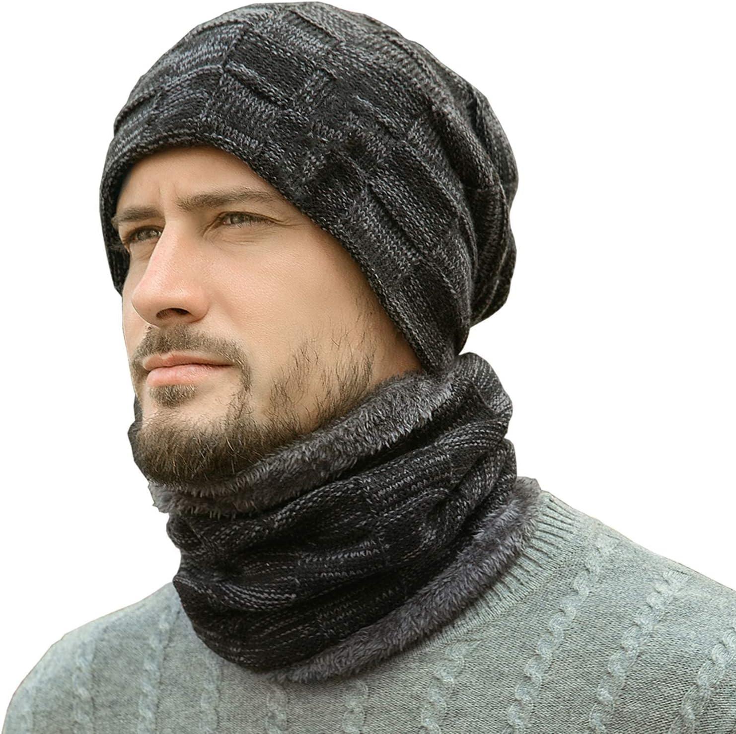 Bequemer Laden Mens Winter Beanie Hats Scarf Set Warm Knit Skull Cap Neck Warmer...