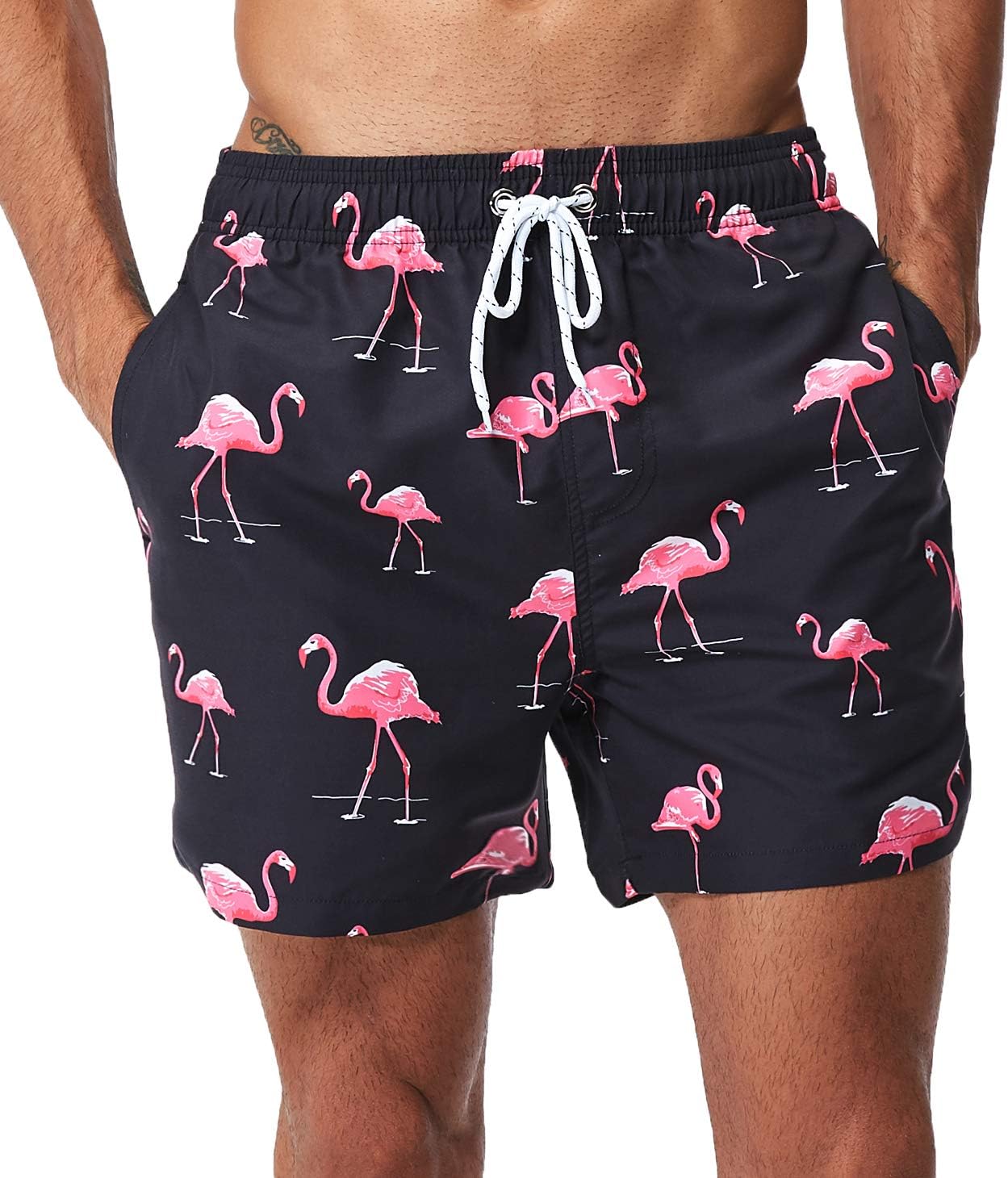 SILKWORLD Men's Swim Trunks Quick Dry Shorts with Pockets A_pink Flamingo/Black...