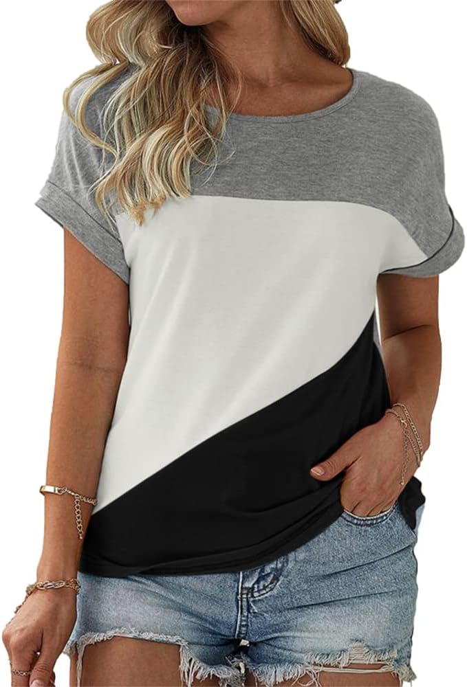 Womens Color Block Short Sleeve Tops Casual Summer T-Shirt Medium Light Grey+ Wh...