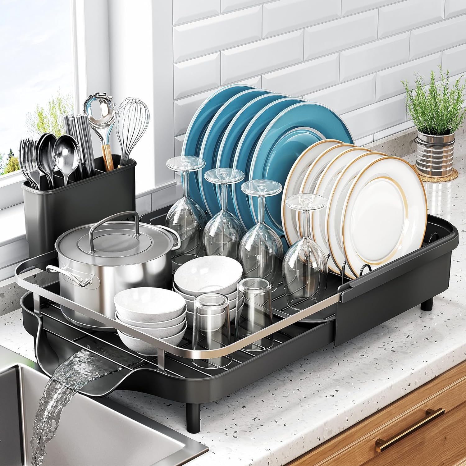 SAYZH Dish Drainer Rack, Expandable Kitchen Drying Rack with Utensil Holder, Dis...