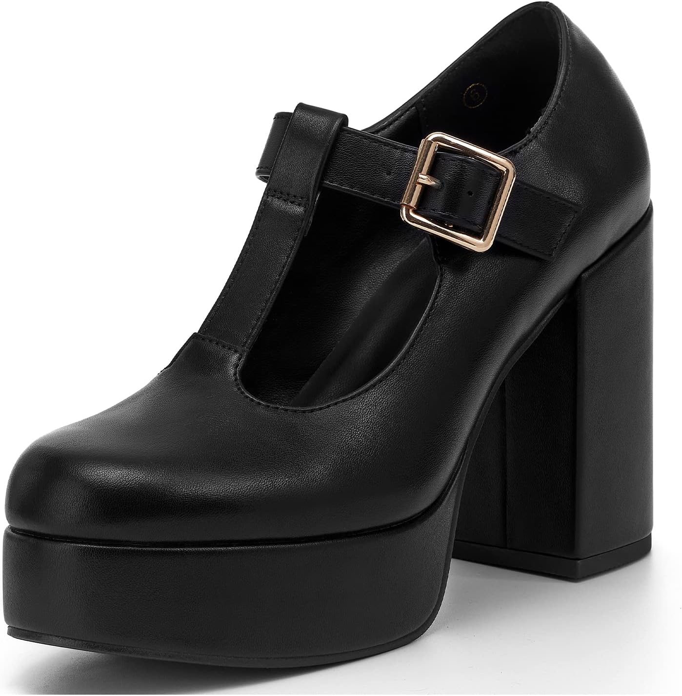 Coutgo Women's T-Strap Round Toe Platform Heels Chunky Heel Patent Mary Jane Dre...
