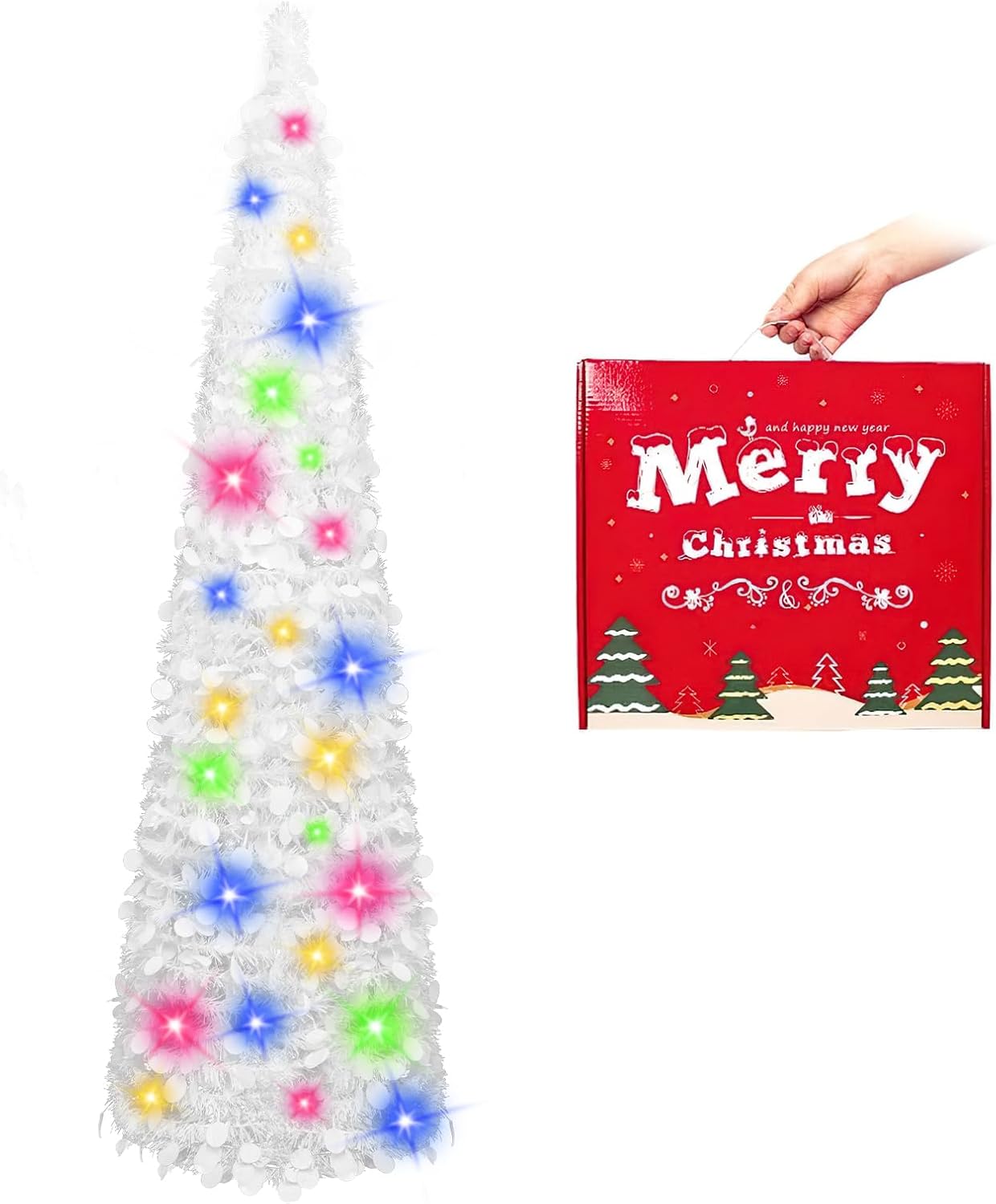 N&T NIETING Christmas Tree, 5ft Collapsible Pop Up White Tinsel Coastal Christma...
