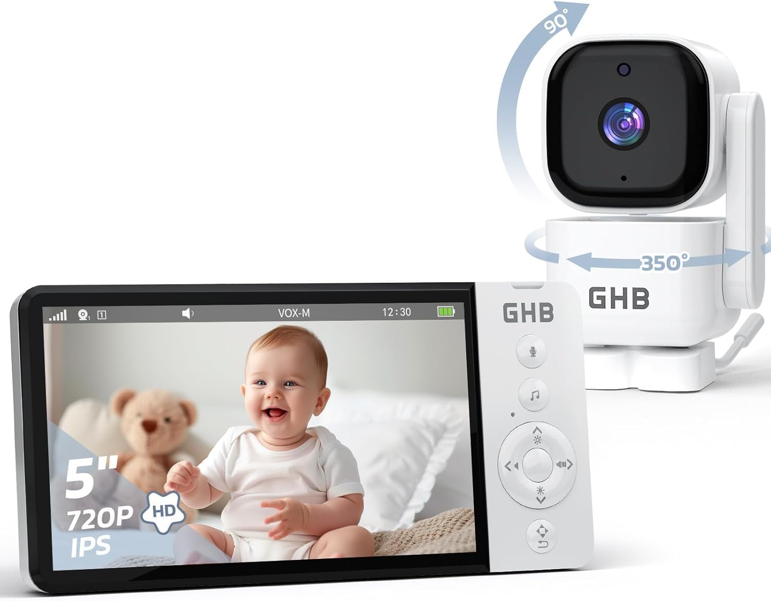 GHB Baby Monitor with Camera and Night Vision 5'' 720P HD 5000mAh Video Baby Mon...
