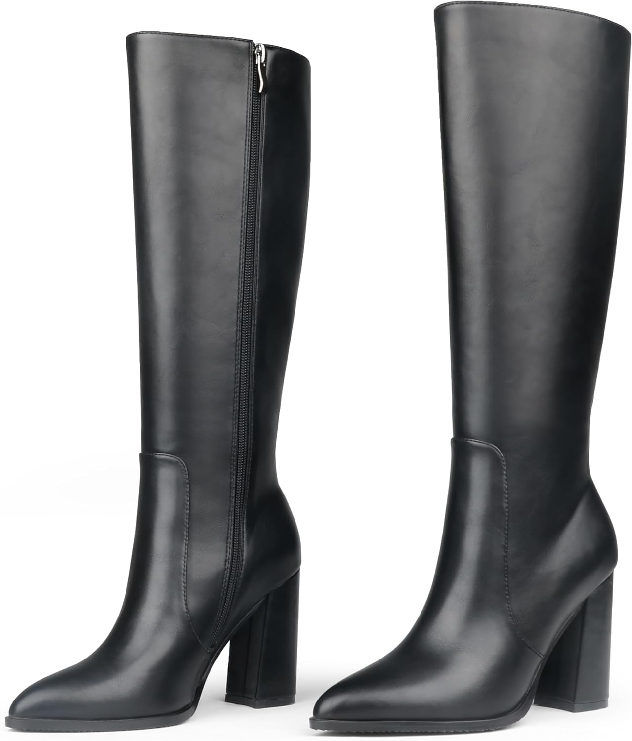 MERUMOTE Women's Knee High Boots Pointed Toe Chunky Heels Side Zipper Boots Faux...