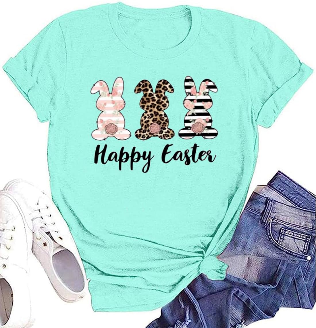 Bunny with Leopard Glasses Shirts for Women Cute Easter Graphic T Shirt Casual S...