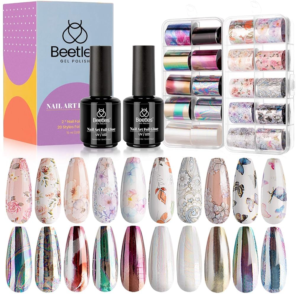 Beetles Nail Foil Glue Gel 2 Bottles 15ML with 20PCS Flower Butterfly and Metal...