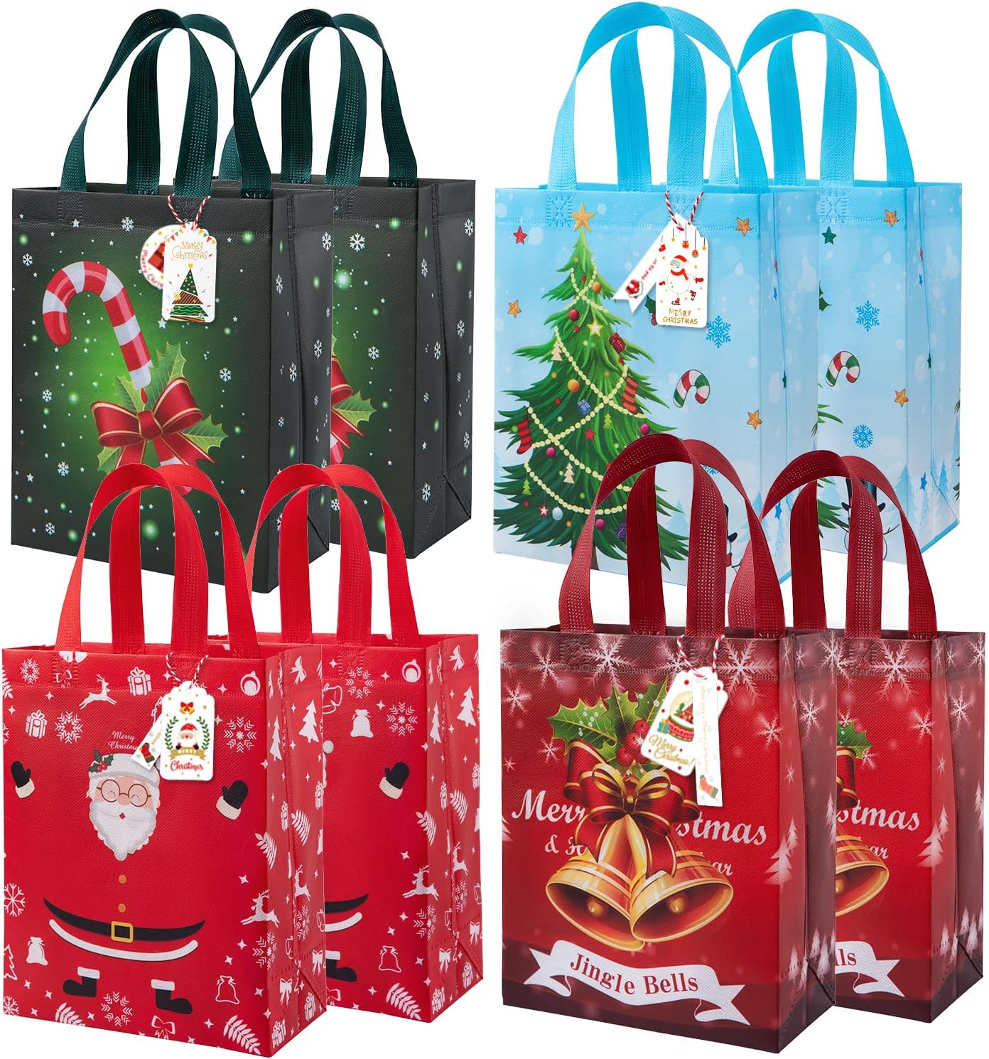 8Pcs Small Christmas Bags With Gift Tags Reusable Shopping Bags have Santa Claus...
