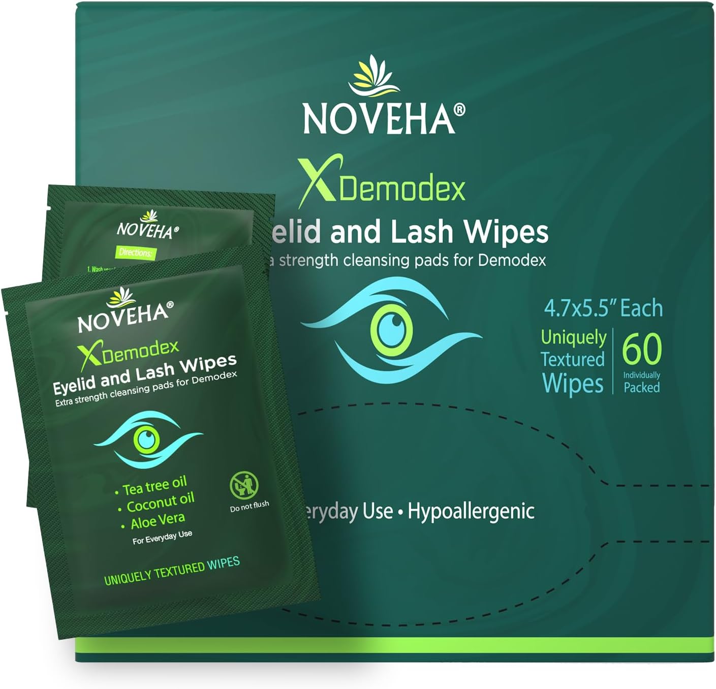 NOVEHA Demodex Eyelid & Lash Wipes | Box Of 60 Individually Wrapped Extra Streng...