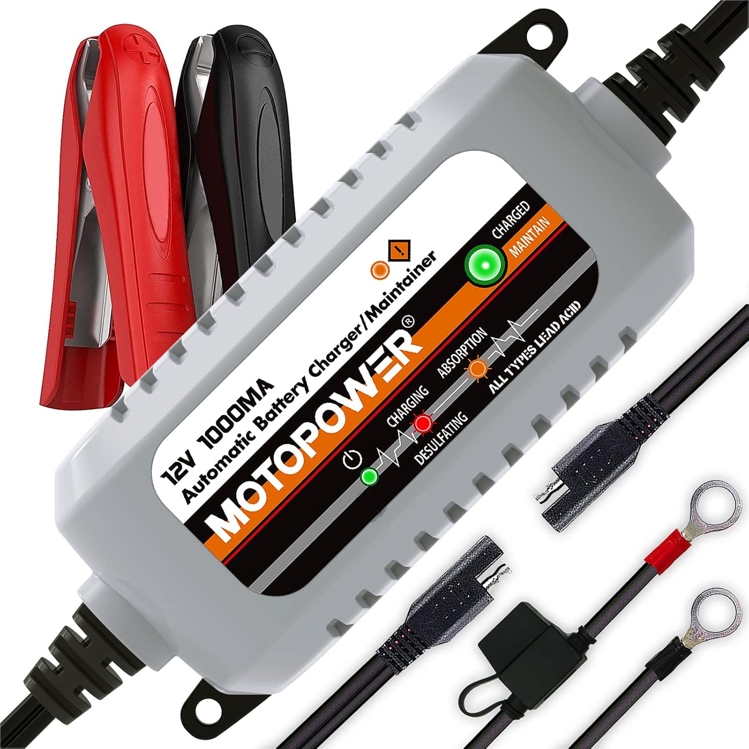 MOTOPOWER MP00205B 12V 1000mA Automatic Battery Charger, Battery Maintainer, Tri...