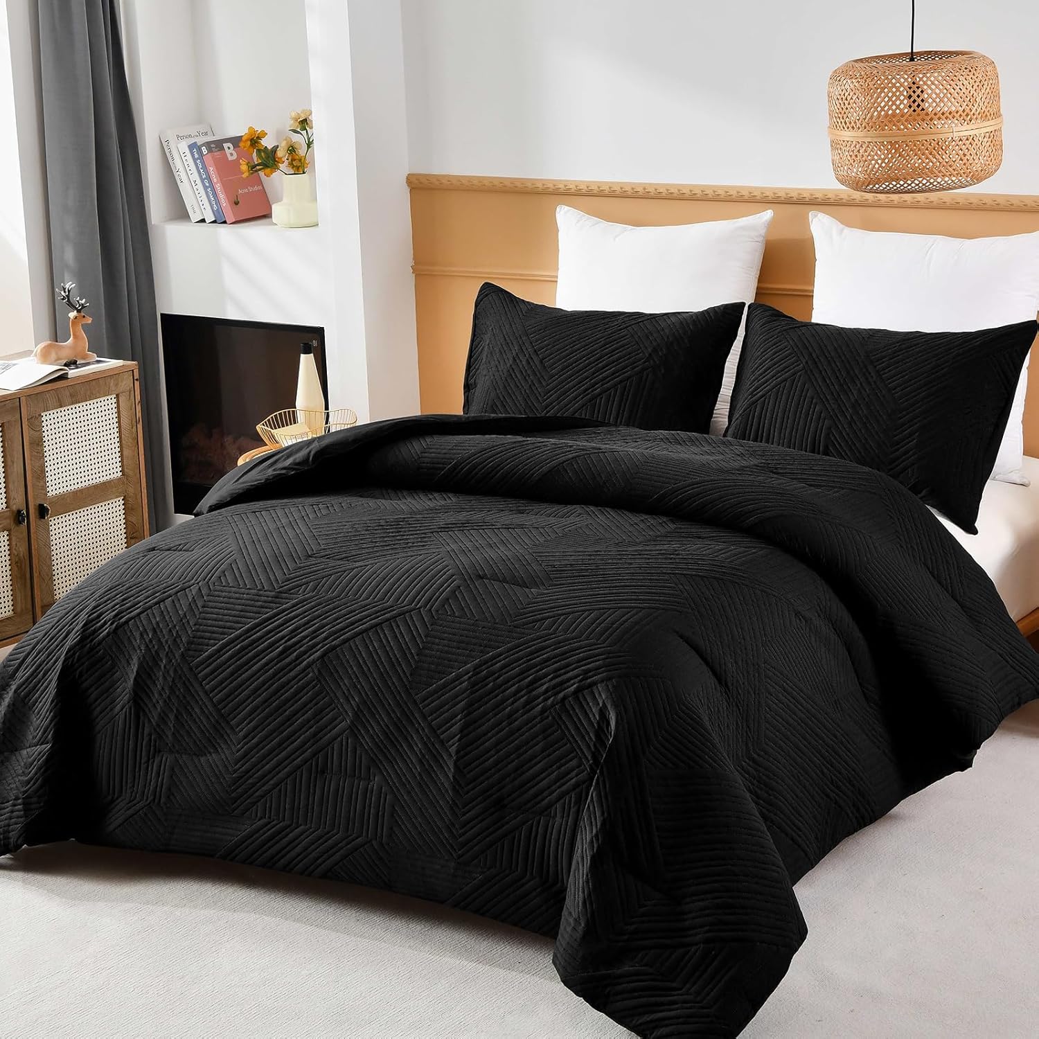 WONGS BEDDING Black Comforter Set Queen Size(90“×90”), Boho Geometric Textured B...