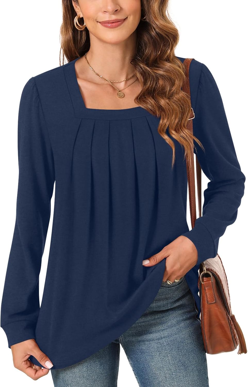Anyally Womens Plus Size Long Sleeve Tunic Tops Pleated Square Neck Casual Loose...