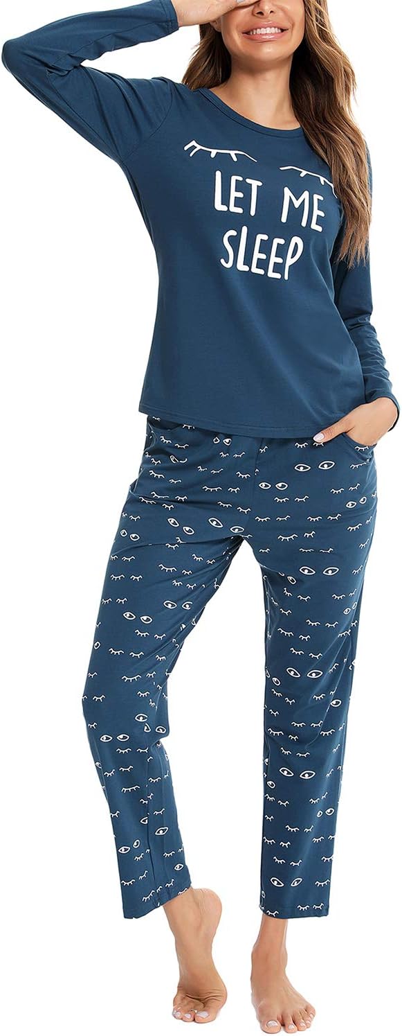 EISHOPEER Women's 2 Piece Cotton Long Sleeve Pajamas Set Cute Print Top and Pant...