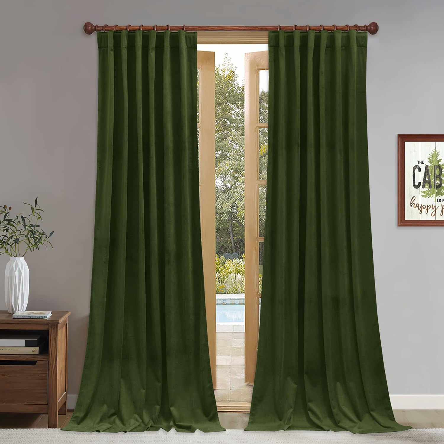 StangH Moss Green Velvet Curtains - Back Tab Room Darkening Window Drapes for Be...