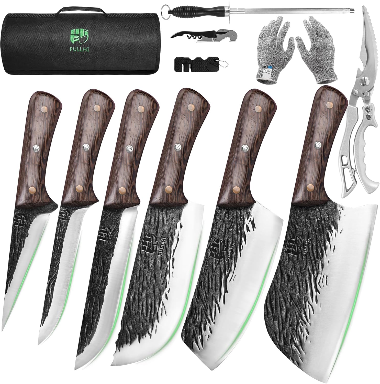 FULLHI Butcher Knife Set with Kitchen Shears, Hand Forged Chef Boning Knife With...