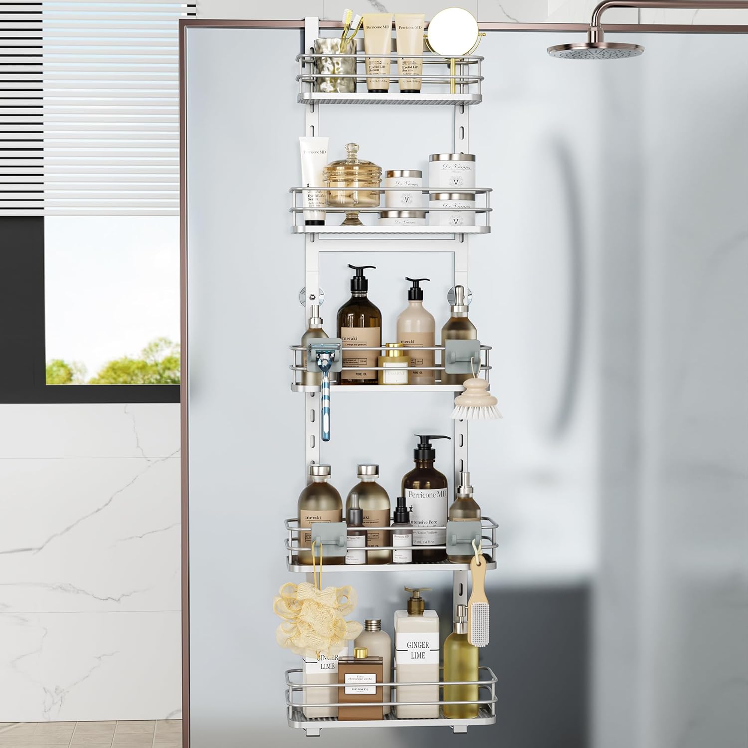 Orimade Over the Door Shower Caddy Adjustable 5 Tier Silver,Bathroom Hanging Org...