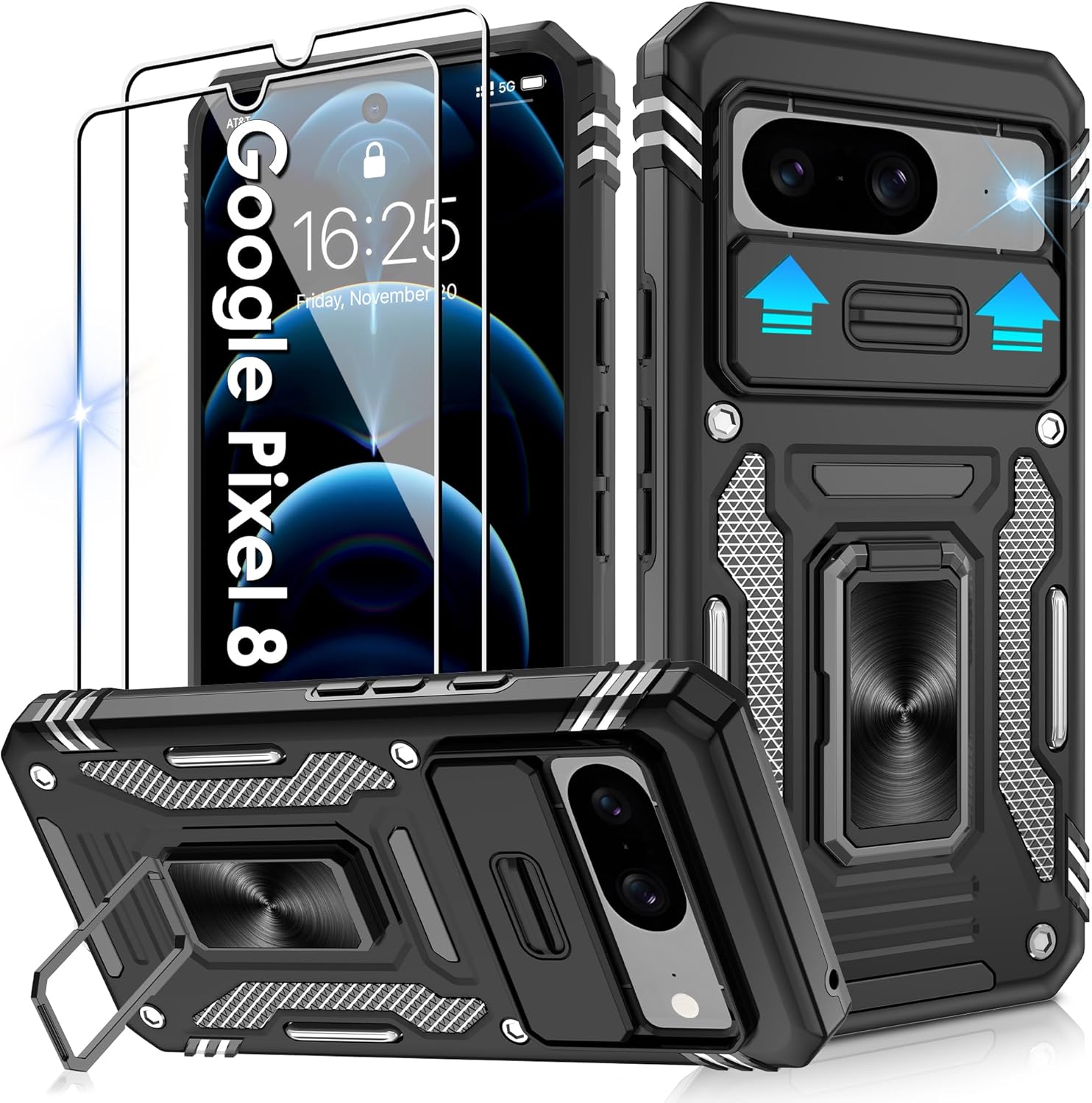 Jshru for Google Pixel 8 Case with Screen Protector [2 Pack] and Slide Camera Co...