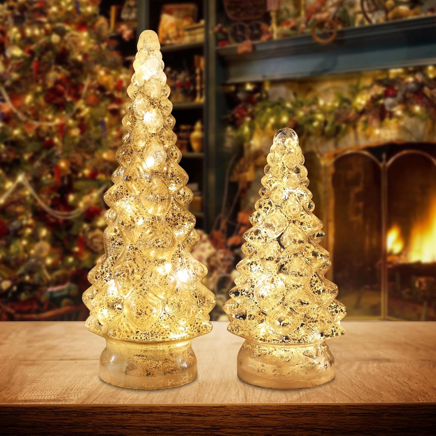 PHITRIC Christmas Decorations Indoor, 2 PCS Sparkling Glass Christmas Tree Table...