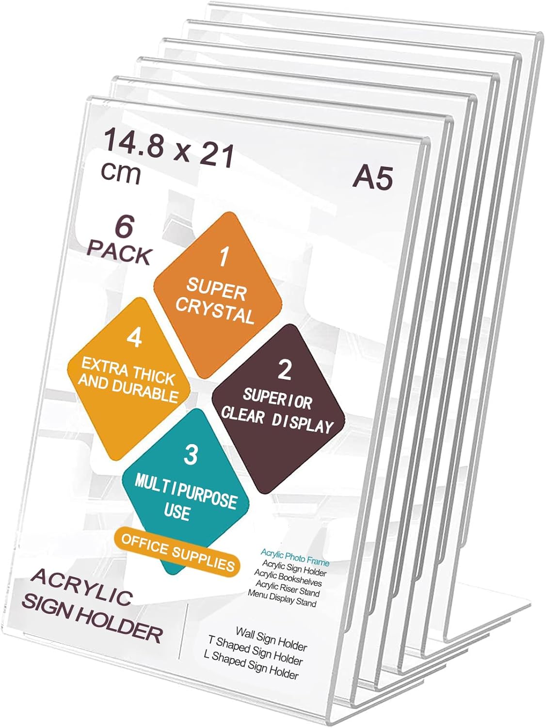 ROSSHINE A5 Acrylic Sign Holder, 6pack L-Shape A5 Perspex Display Stand, Clear P...