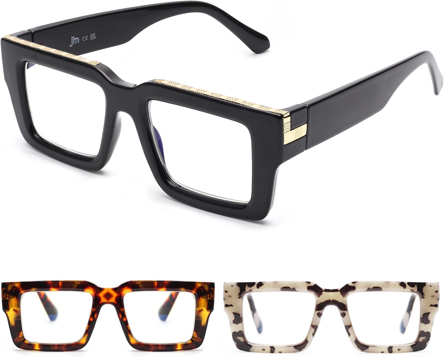 JM 3 Pack Oversized Square Reading Glasses for women men, Blue Light Blocking Co...