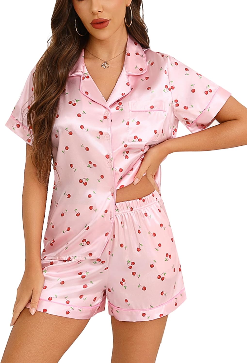 Anjue Silk Satin Pajamas Set Women's Short Sleeve Sleepwear Soft Pjs Shorts Set...