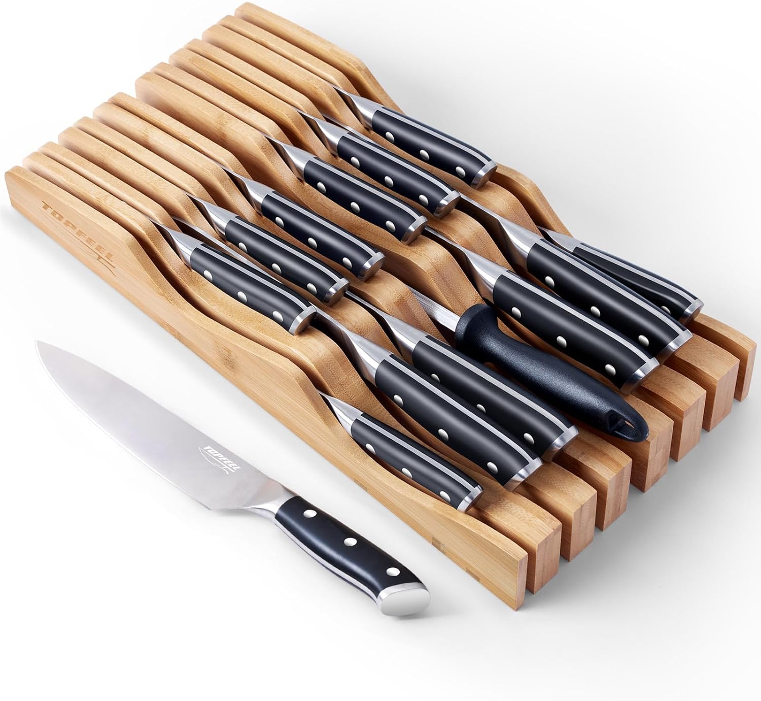 14 Pcs Kitchen Knife Set with In-Drawer Bamboo Knife Organizer- 7 Chef Knives,6...