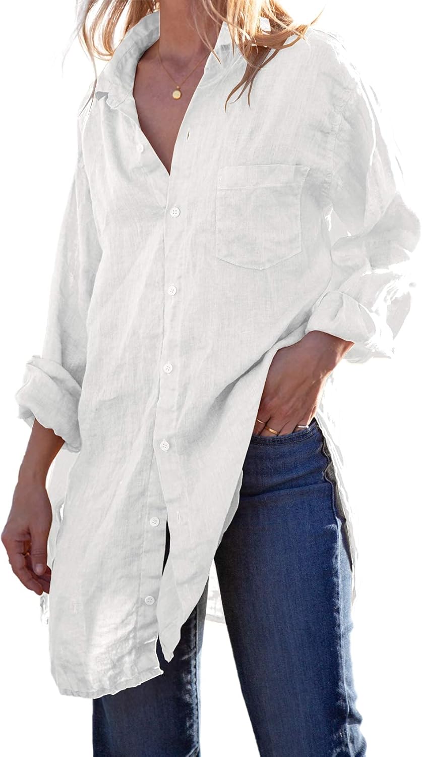 Runcati Womens Button Down Shirts Linen Cotton Long Sleeve Blouse Tunic Tops Cov...