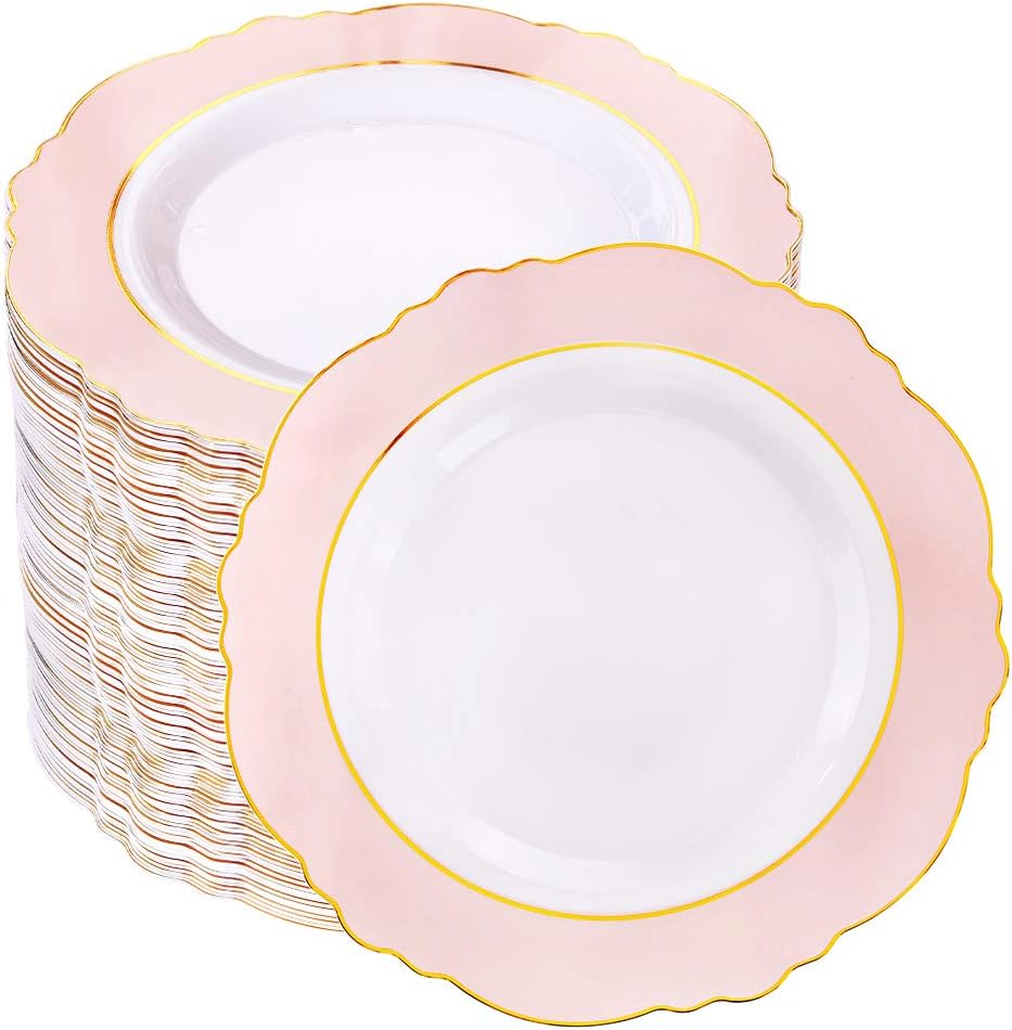 WDF 60pcs Pink Dessert Plates - 7.5inch Baroque Pink &Gold Disposable Dessert/Sa...