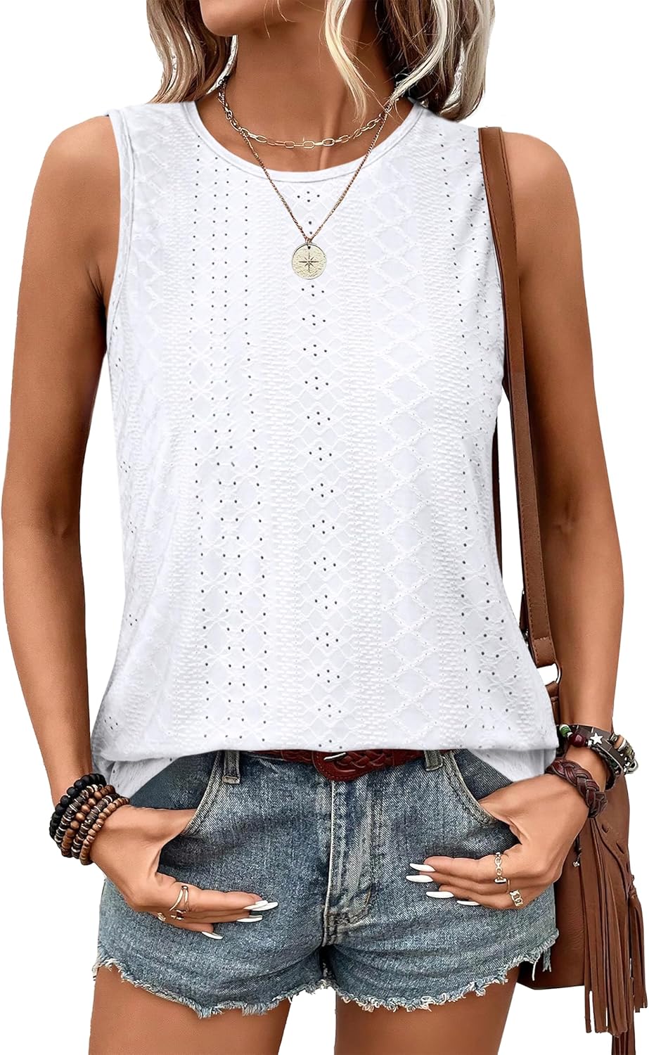 Womens Tank Tops Round Neck Sleeveless Shirts Flowy Loose Fit Basic Casual Eyele...