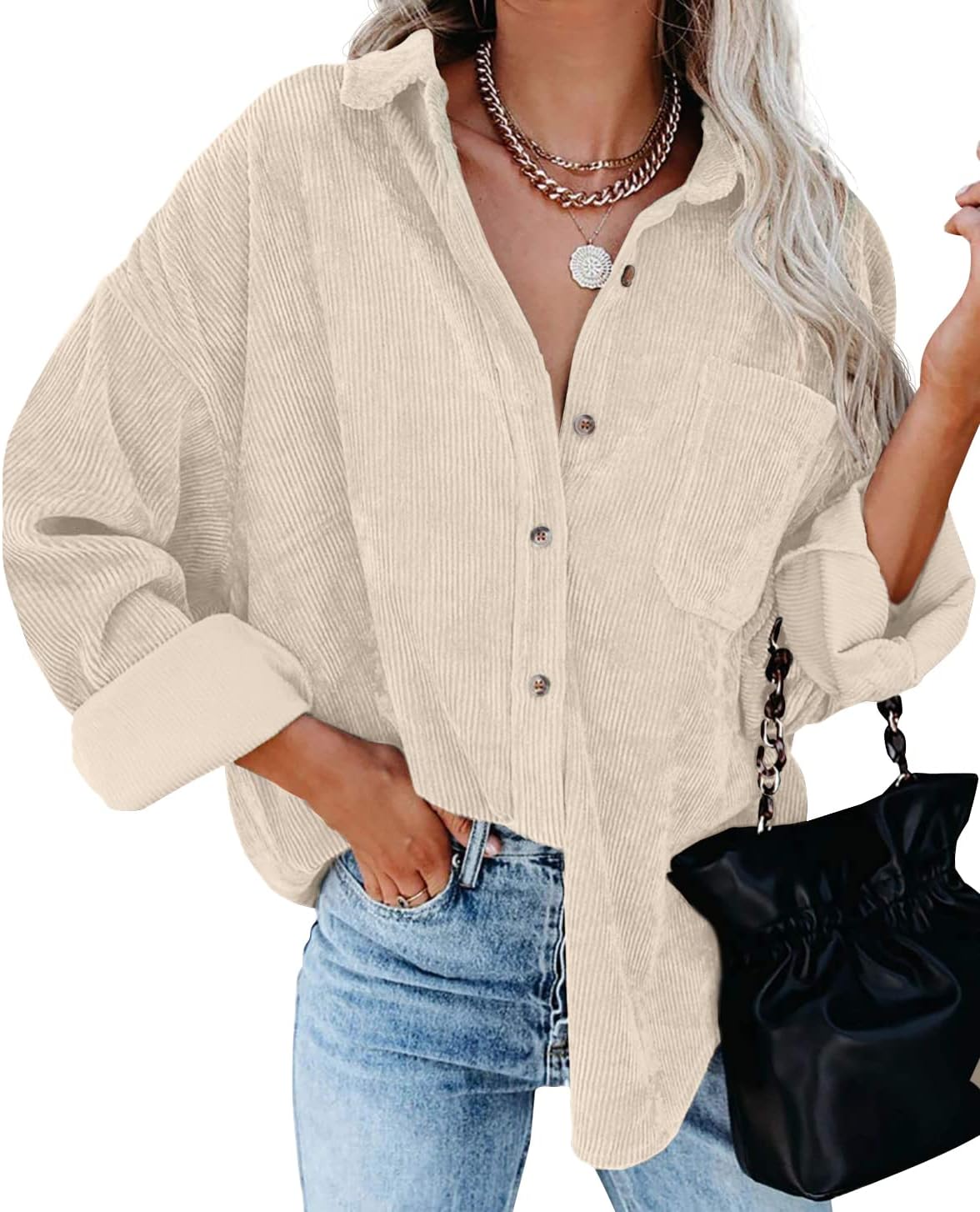 QIXING Womens 2024 Corduroy Button Down Shirt Casual Oversized Long Sleeve Blous...
