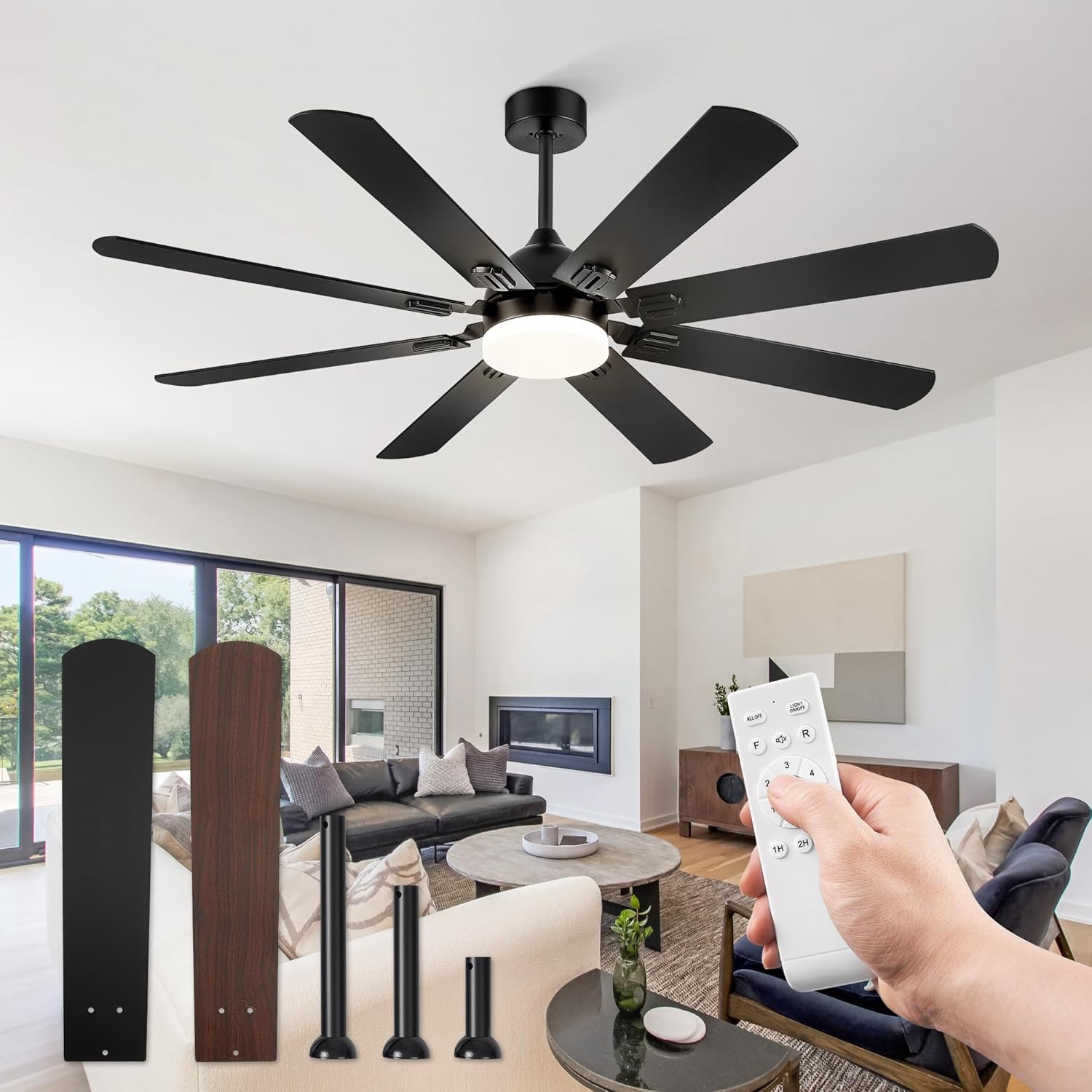 62 Inch Ceiling Fans with Lights, Black Modern Ceiling Fan with Remote,Large Far...