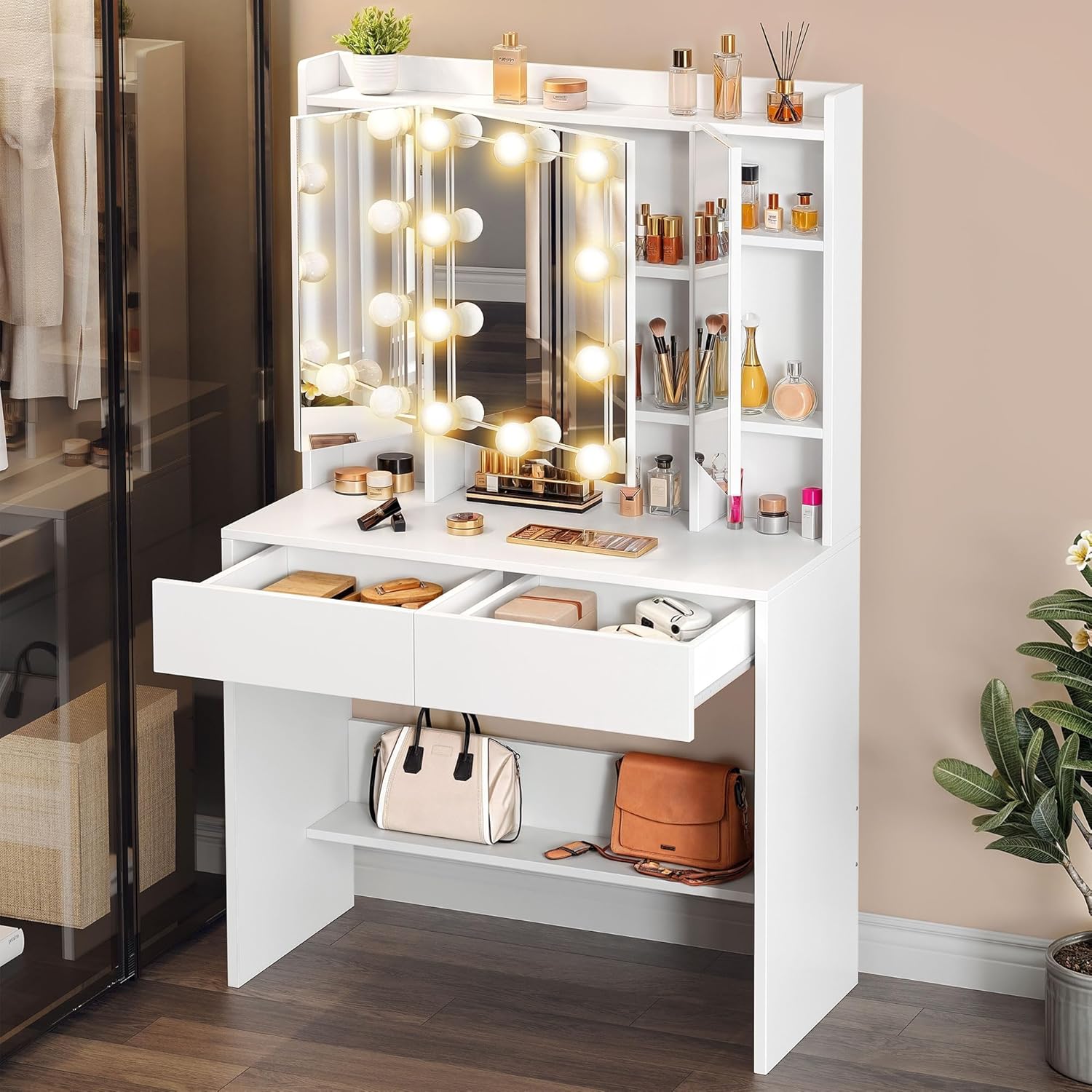 YITAHOME White Dressing Table with Mirror, Vanity Dressing Table with Lights Adj...