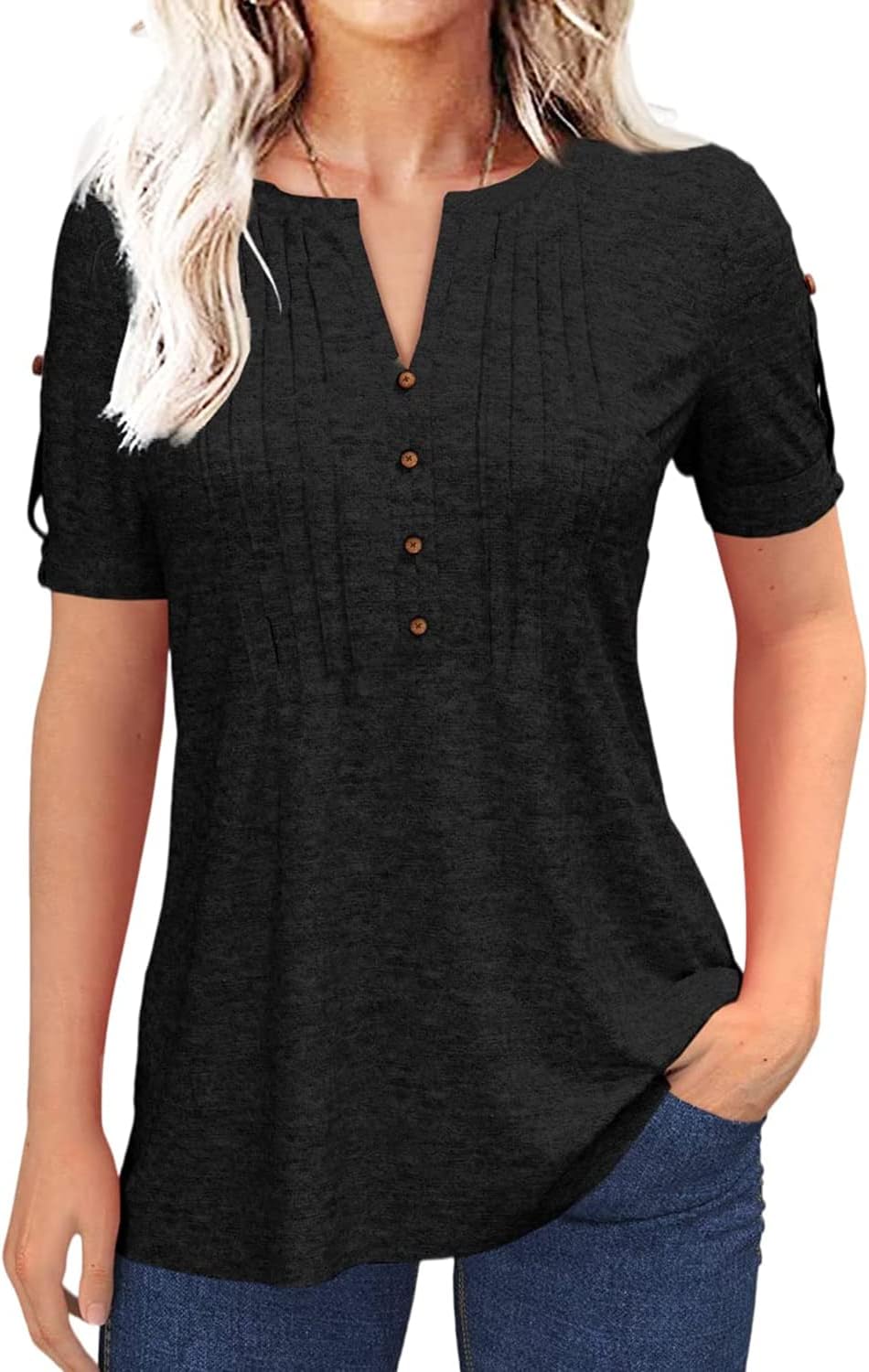Women's Zipper Summer Pleated Button Short Sleeve T-Shirt Summer V-Neck Solid Co...