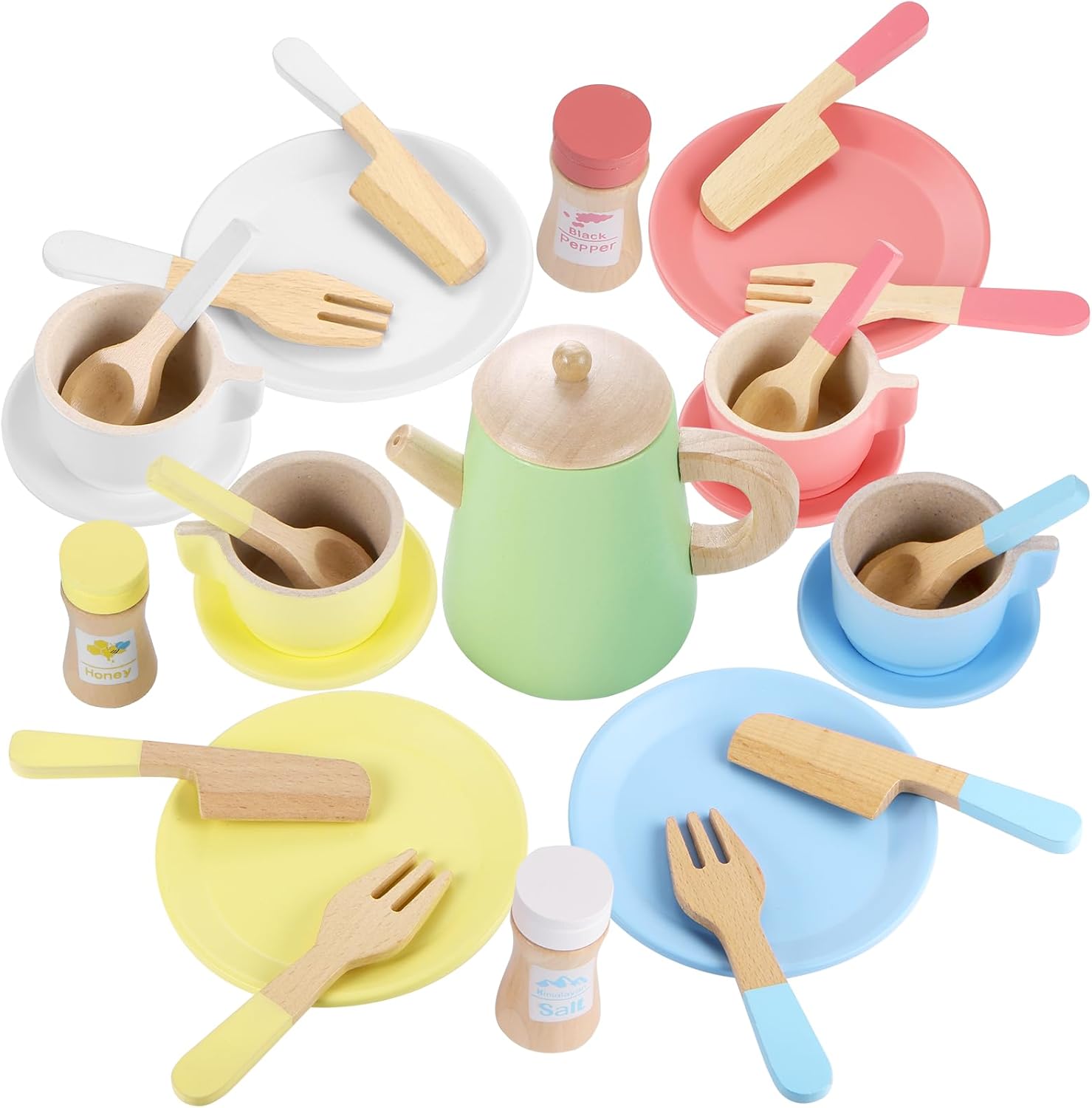 GAGAKU Wooden Tea Set Wooden Toy Kitchen Dish Set Toddler Plates and Cutlery Set...