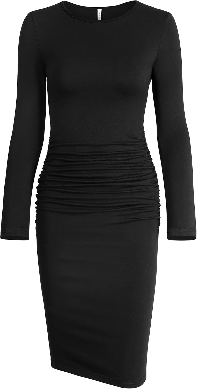 Missufe Women's Long Sleeve Ruched Casual Sundress Bodycon Sheath Knee Length Dr...