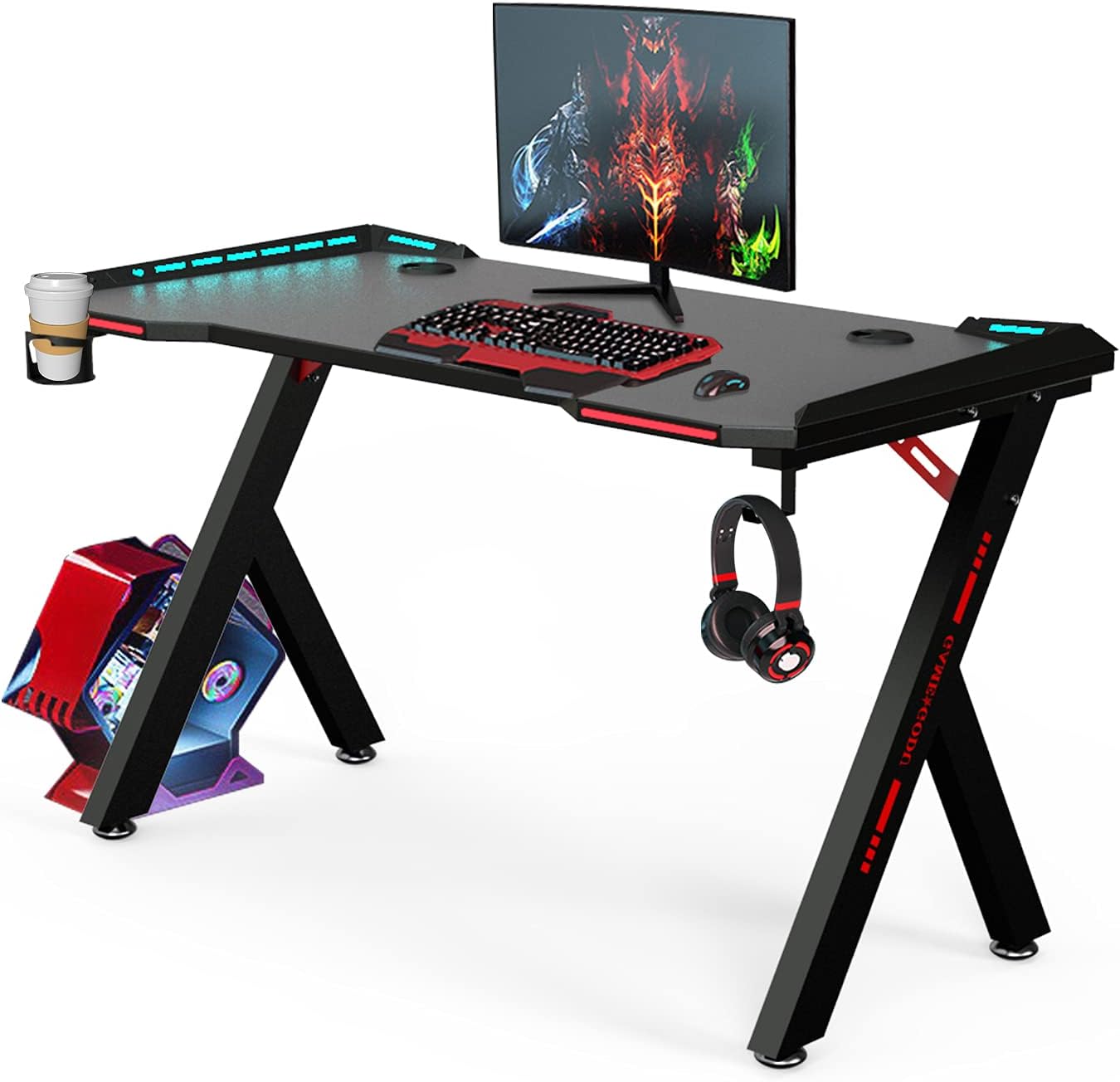 bigzzia Gaming Desk RGB Lighting Home Office Desk Ergonomic Gamer Workstation, C...