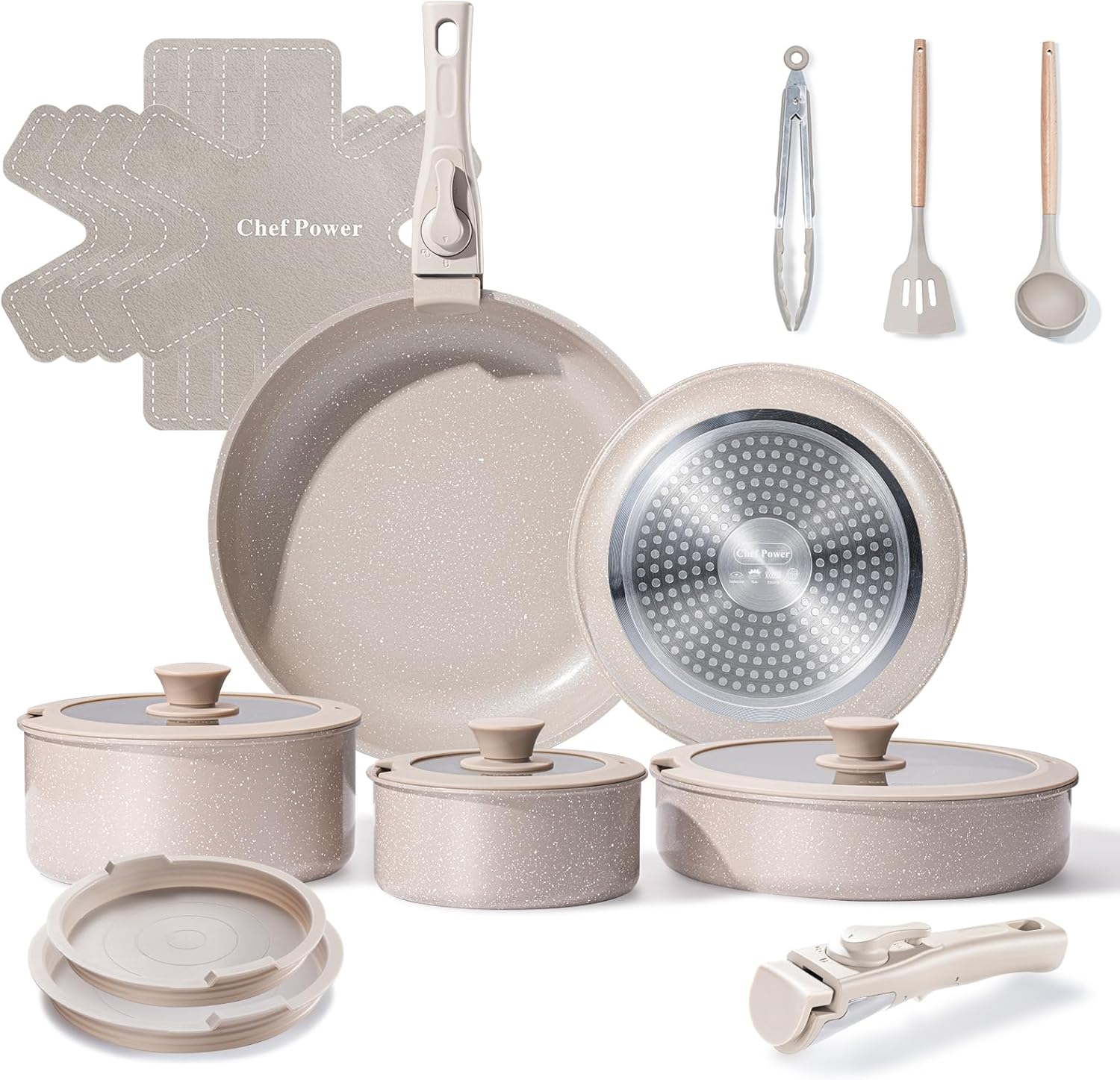 Ceramic Nonstick Pots and Pans Set 19 Piece with Detachable Handle, Induction Di...