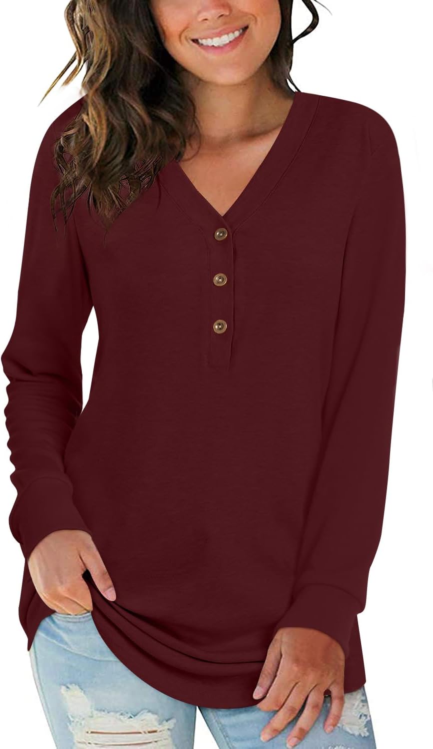 Aodemo Women's Fall Long Sleeve Henley Tops V Neck Tunic Casual Loose Blouse Win...