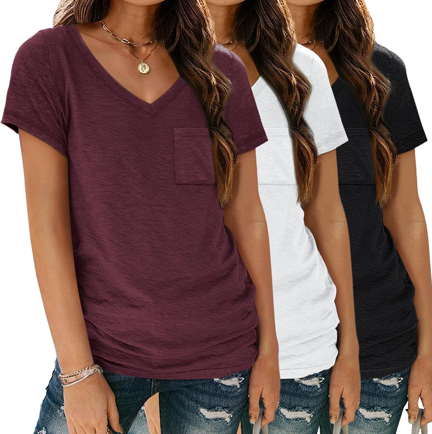 SUNBS 3 Pack Womens V Neck T Shirts Short Sleeve Tees Lightweight Summer Tops wi...