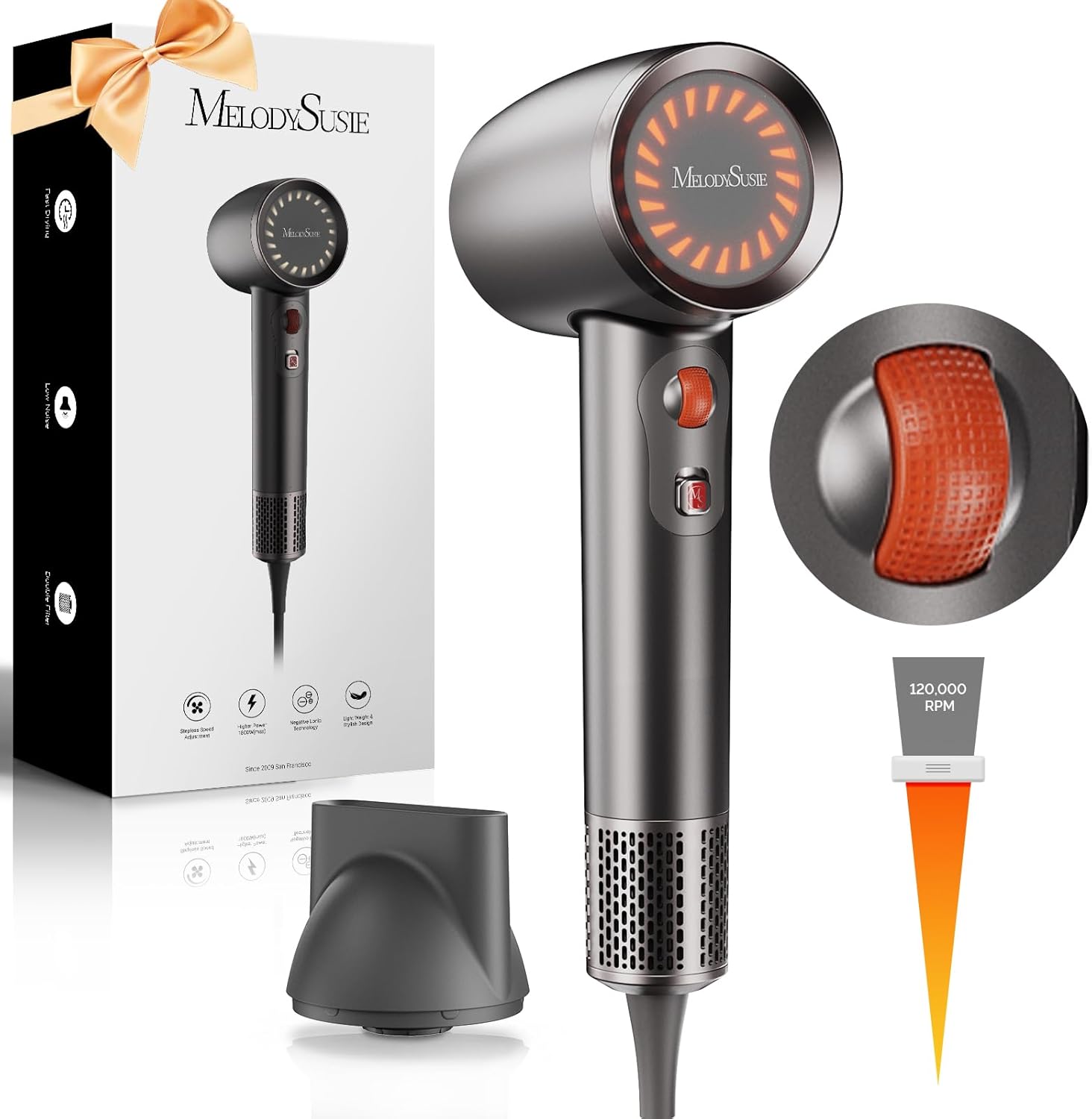 MelodySusie Hair Dryer, 1600W Professional Fast Drying Blow Dryer,120,000 RPM Hi...