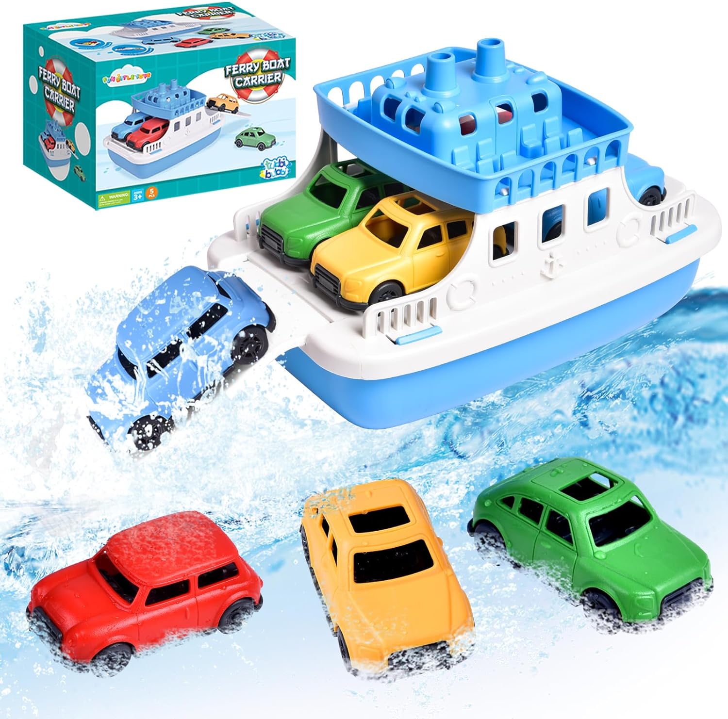 Toy Boat Bath Toys for Toddlers with 4 Mini Car Toys, Kids Water Toys Ferry Boat...